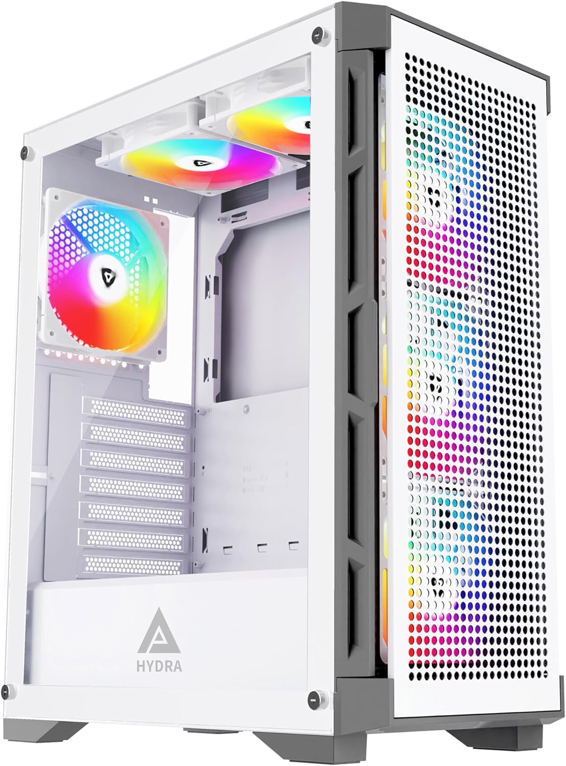 Apevia Hydra-WH Hydra Mid Tower Gaming PC Case w/ 6X 120mm ARGB Fans, 366 RGB Light Modes, High Performance Breathable Airflow Mesh Front Panel, Tempered Glass Side Panel, 1X USB3.0, 2X USB2.0,