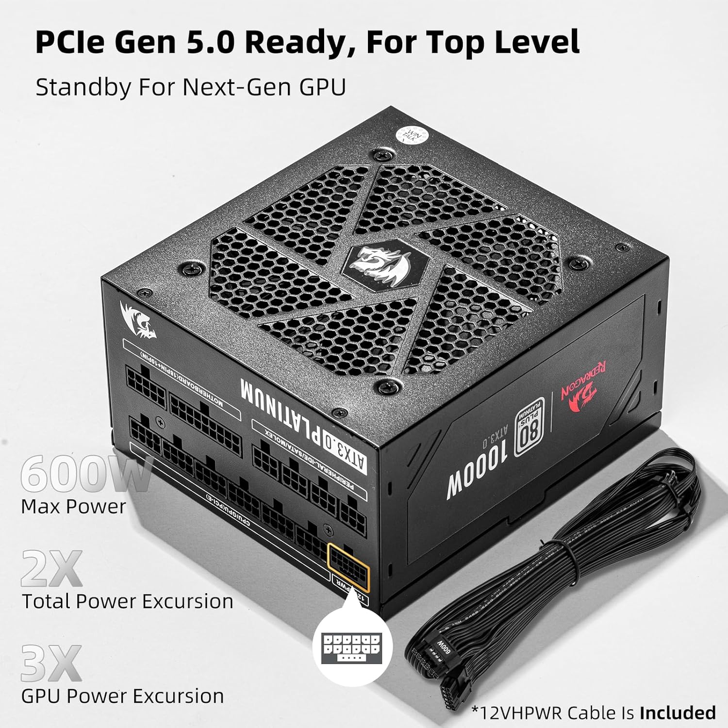 Redragon PSU017 80+ Platinum 1000 Watt ATX 3.0 & PCIe 5.0 Fully Modular Gaming Power Supply, 80 Plus Certified, 100% Japanese Capacitors & Low Noise Smart-ECO Fan, Fully Modular w/12VHPWR Cable - Image 4