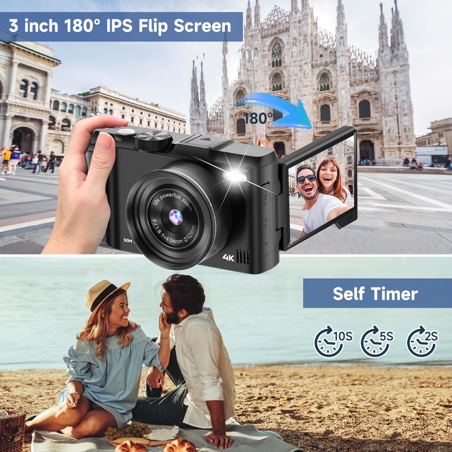 4K Digital Camera for Photography, AutoFocus 50MP Vlogging Compact Camera for YouTube Video, 3" 180° Flip Screen with Flash 18X Zoom, Anti-Shake with 64GB SD Card for Beginner - Black - Image 5