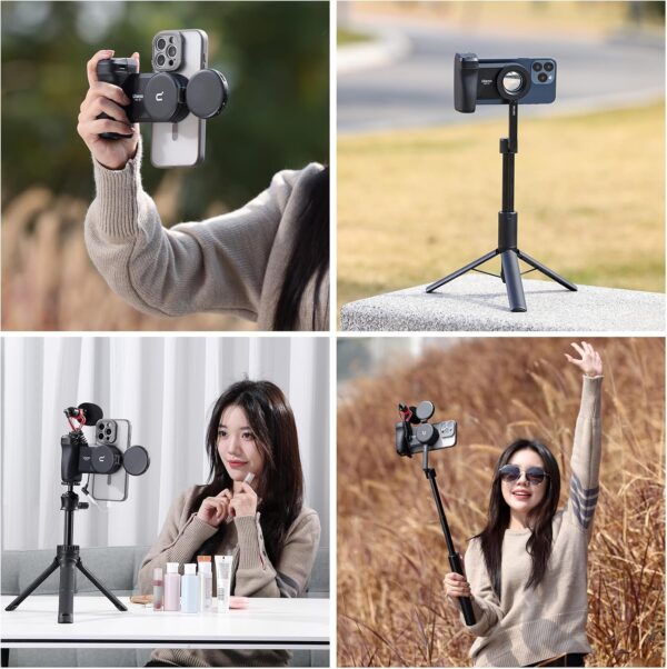 ULANZI Selfie Phone Tripod Mount MA35, 2-in-1 Magnetic & Phone Clip Camera Grip Handle Holder with Detachable Remote Shutter with Cold Shoe Adapter for iPhone 15 16 Samsung Smartphone Video Shooting - Image 9