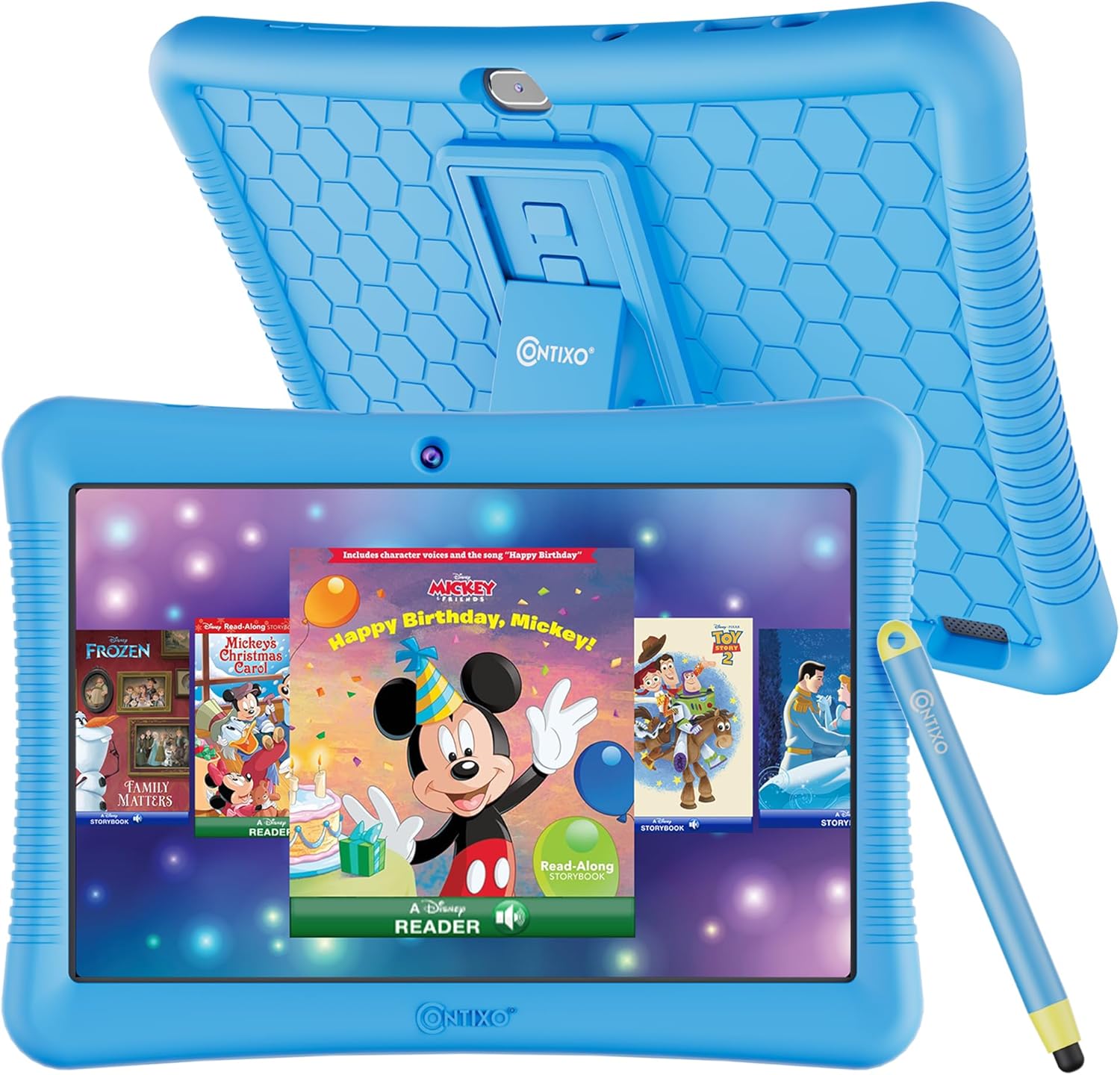 Contixo 10" Android Kids Tablet 32GB, Includes 80+ Disney Storybooks & Stickers, Parental Controls, Kid-Proof Case with Kickstand & Stylus, (2024 Model) - Blue