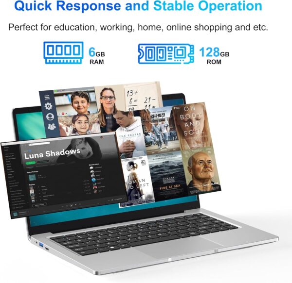 Laptop Computer, 14.1" Dual-Core Cerelon N4000 6GB RAM 128GB SSD Portable Laptop, 1366x768 IPS Display Fanless Design Laptop, WiFi 2.4/5G, Bluetooth 5.0, USB 3.0, Mini HDMI, Include USB-C Hub - Image 3