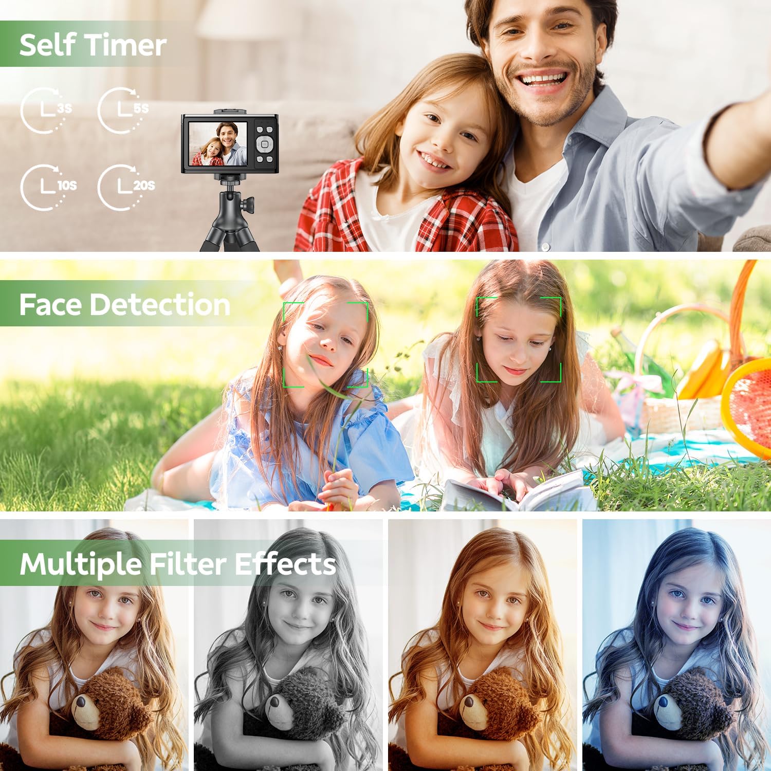 Digital Camera, FHD 1080P Kids Camera Autofocus 50MP Point and Shoot Digital Cameras with 32GB SD Card, 16X Zoom Anti Shake, Two Batteries, Lanyard, Compact Small Camera for Kids Boys Girls Black - Image 6