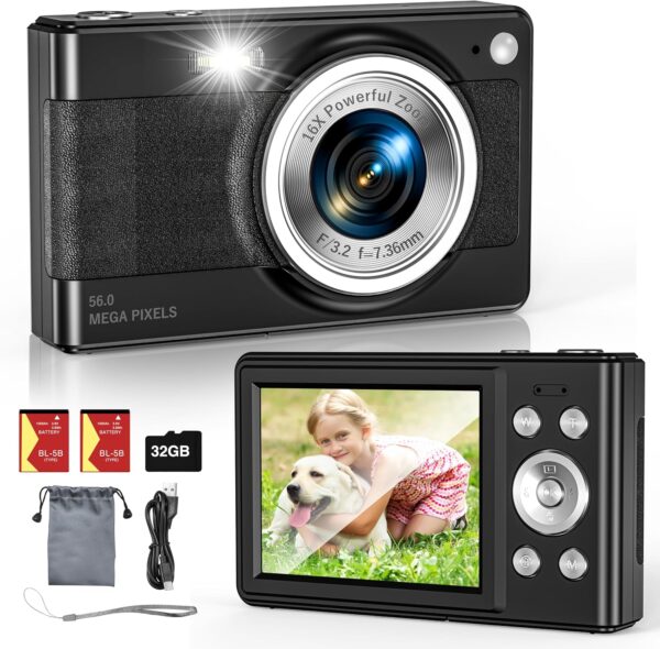 Upgrade Digital Camera, 56MP FHD 1080P Camera for Kids with 16x Zoom Anti Shake, Kid Camera with 32GB TF Card, Two Batteries, Lanyard, Compact Small Camera for Kids Boys Girls（Black）