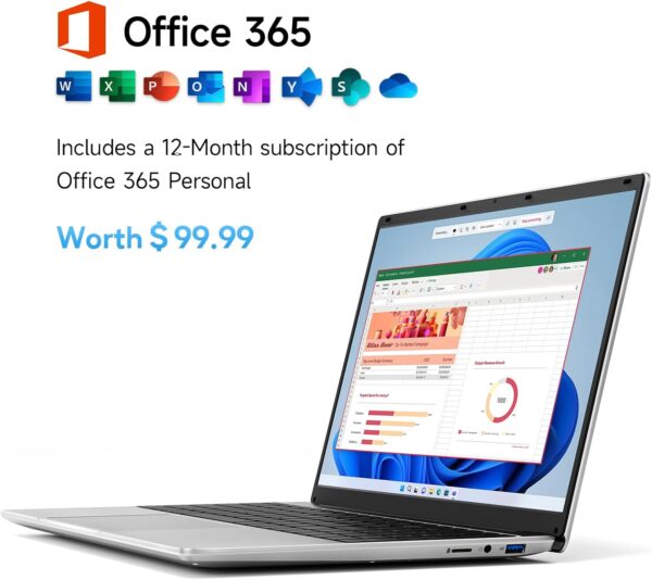 15.6 Inch Laptop with Office 365, 4GB RAM, 128GB Storage Expandable 1TB, 5205U Processor, HD Display, Windows 11 Laptops Computer, Wi-Fi 5, BT4.2, Numpad, Type-C, for Business and Students. - Image 3
