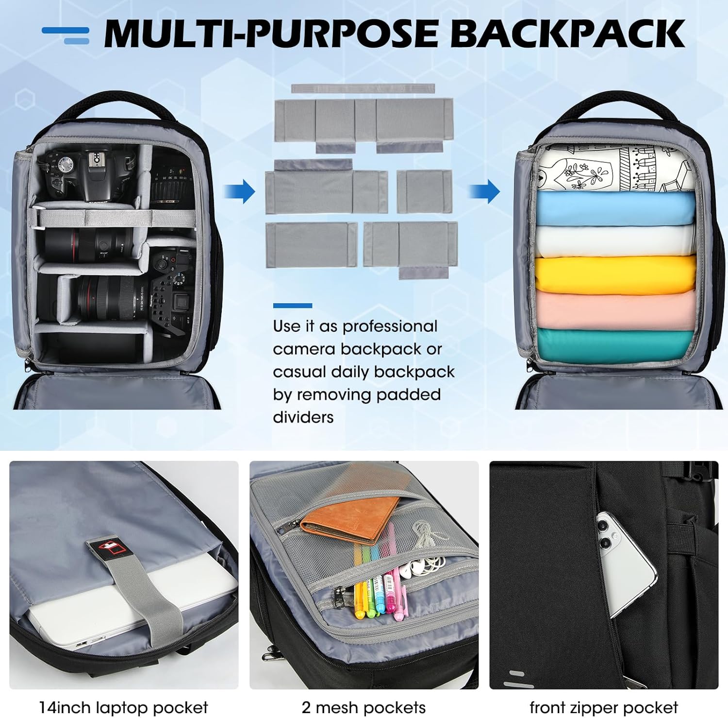 Lubardy Camera Bag Professional DSLR SLR Mirrorless Camera Backpack 14 Inch Waterproof Laptop Backpack Anti-Theft Camera Case with Rain Cover Large Capacity Photography Backpack for Men Women, Black - Image 3