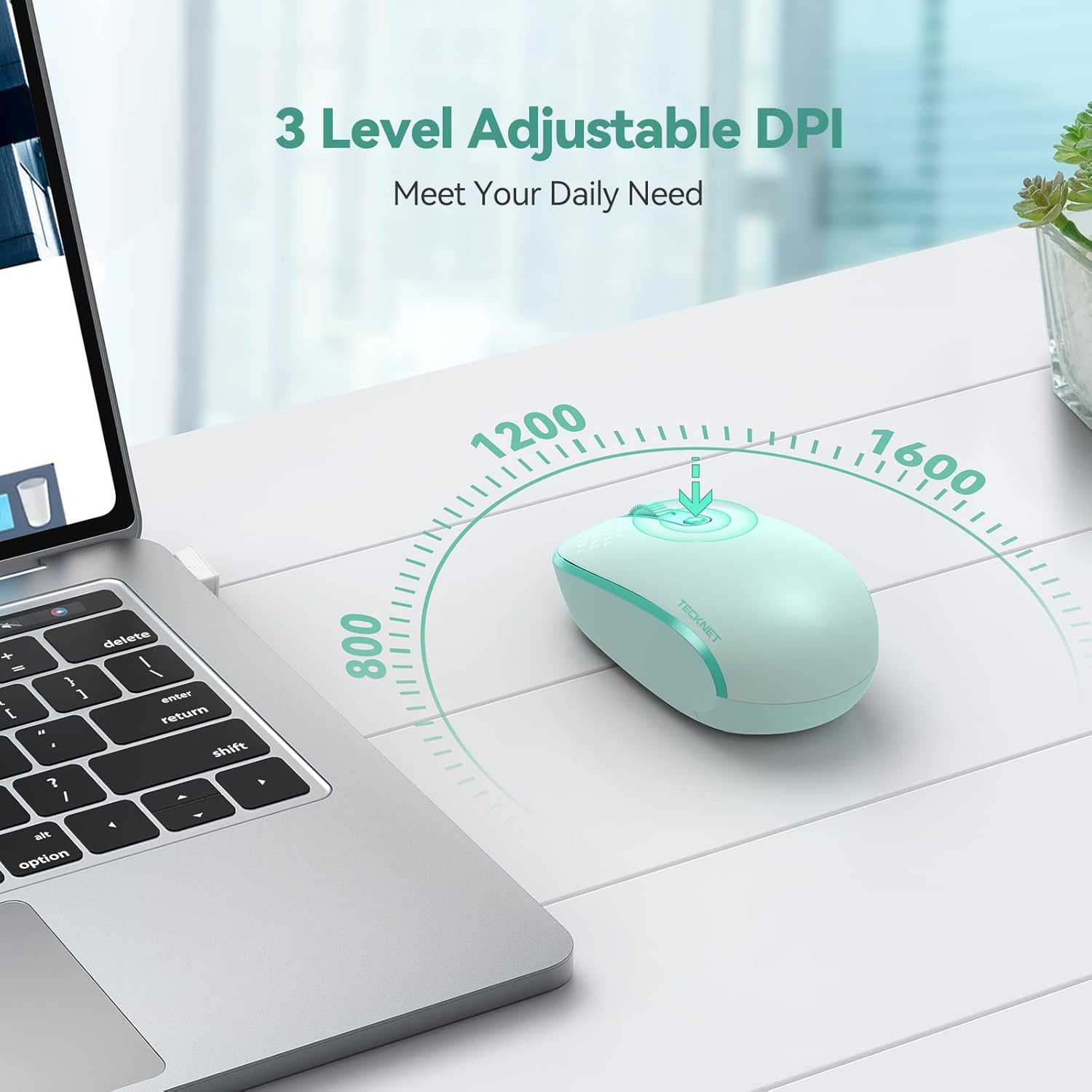 TECKNET Wireless Mouse for Laptop, 2.4G Quiet Computer Mouse with USB Receiver, 4 Buttons Portable Cordless Mice for Chromebook, Laptop, PC, Mac, 800/1200/1600 DPI - Mint Green - Image 5