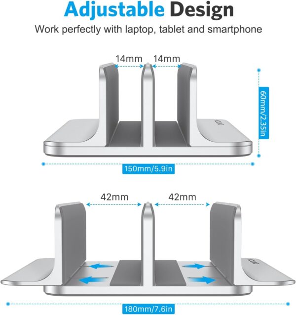 OMOTON [Updated Dock Version Vertical Laptop Stand, Double Desktop Stand Holder with Adjustable Dock (Up to 17.3 inch), Fits All MacBook/Surface/Samsung/HP/Dell/Chrome Book (Silver) - Image 4