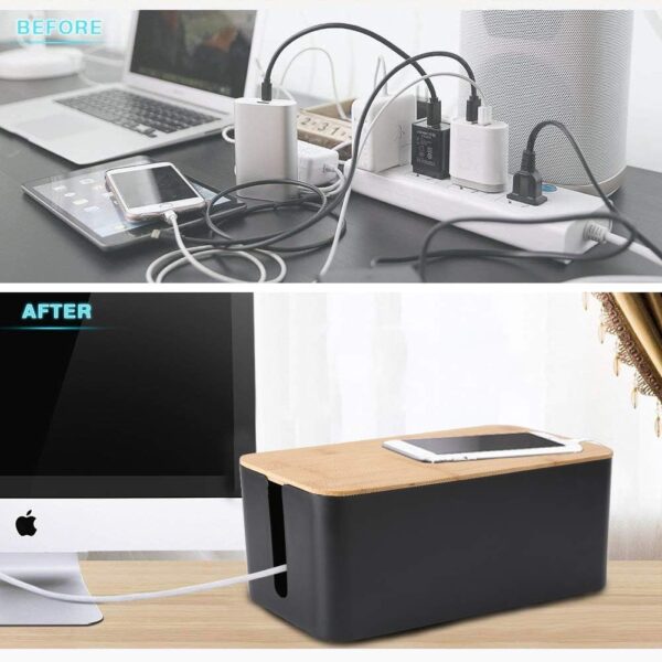 Cable Management Organizer Box Set, 3 Pack Bamboo Lid Cable Concealer Box with 23 PCS Wire Organized Clip Accessories, Great to Hide Surge Protector Desk Power Strips Cord for Office Home, TV (Black) - Image 4