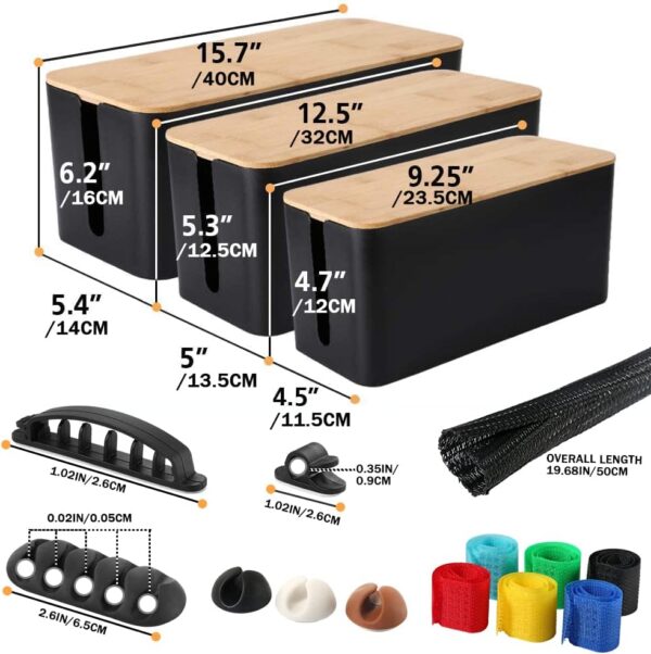 Cable Management Organizer Box Set, 3 Pack Bamboo Lid Cable Concealer Box with 23 PCS Wire Organized Clip Accessories, Great to Hide Surge Protector Desk Power Strips Cord for Office Home, TV (Black) - Image 6