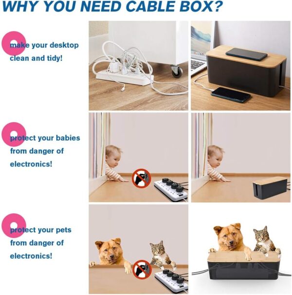 Cable Management Organizer Box Set, 3 Pack Bamboo Lid Cable Concealer Box with 23 PCS Wire Organized Clip Accessories, Great to Hide Surge Protector Desk Power Strips Cord for Office Home, TV (Black) - Image 3