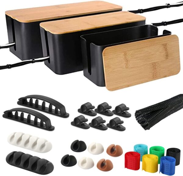 Cable Management Organizer Box Set, 3 Pack Bamboo Lid Cable Concealer Box with 23 PCS Wire Organized Clip Accessories, Great to Hide Surge Protector Desk Power Strips Cord for Office Home, TV (Black)