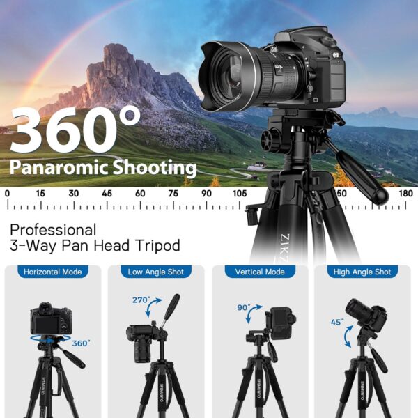 75" Camera Tripod, Tripod for iPhone ipad, Aluminum Professional Heavy Duty Camera Tripod Stand with Wireless Remote/Carry Bag Compatible with DSLR/SLR/DV/GoPro (Black) - Image 4