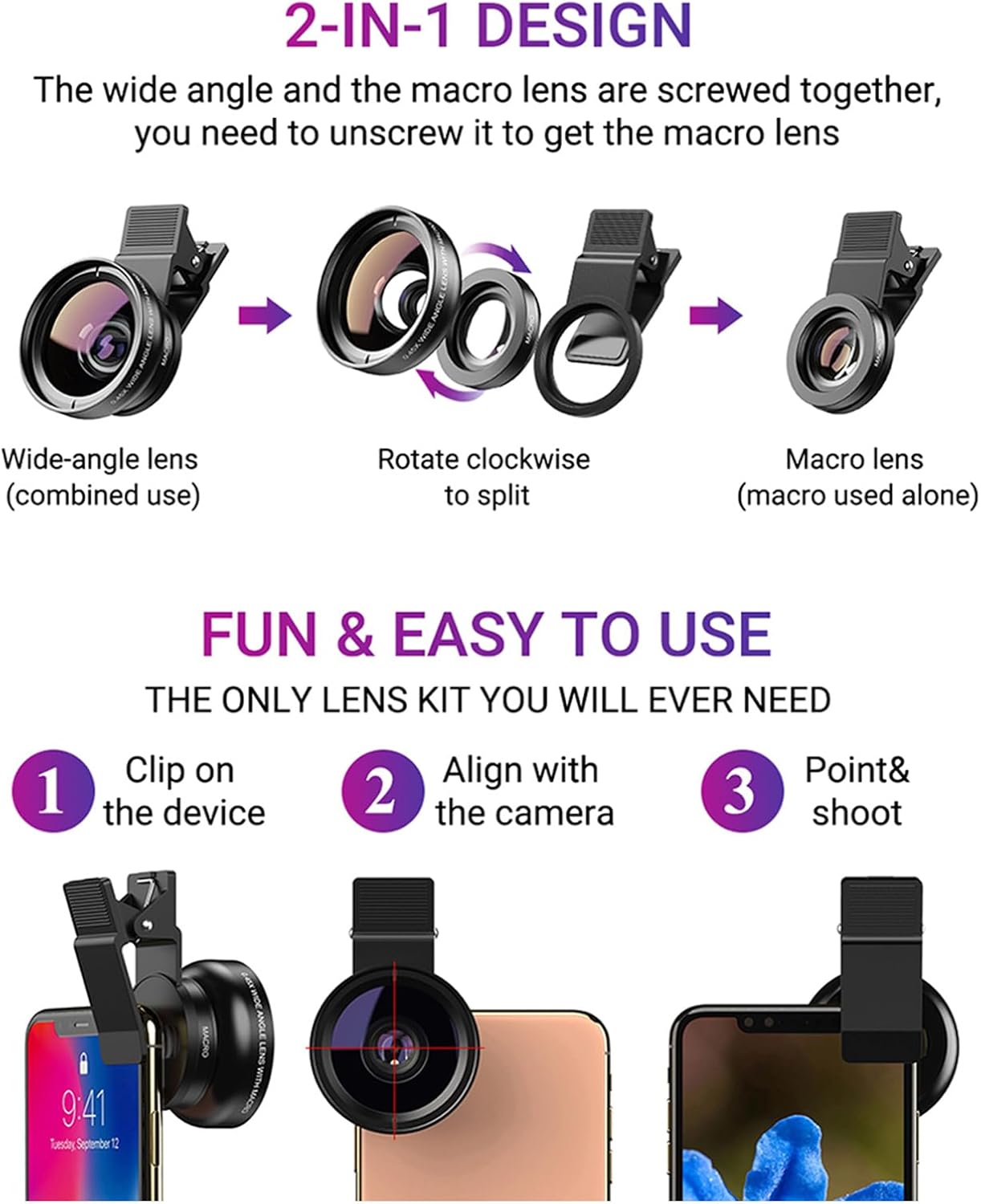 Apexel Phone Camera Lens, 2 in 1 Cell Phone Clip-on Lens Kit 0.45X Wide Angle Lens 140°+ 12.5X Macro Lens Clip-on iPhone Lens for iPhone Samsung and Most of Android Smartphone - Image 7