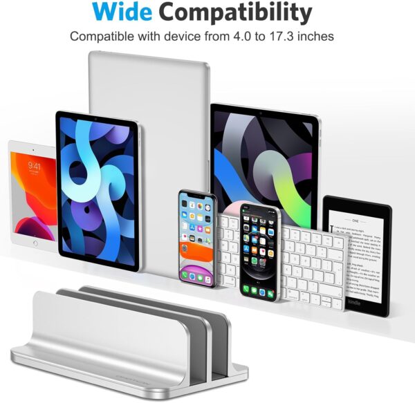 OMOTON [Updated Dock Version Vertical Laptop Stand, Double Desktop Stand Holder with Adjustable Dock (Up to 17.3 inch), Fits All MacBook/Surface/Samsung/HP/Dell/Chrome Book (Silver) - Image 3