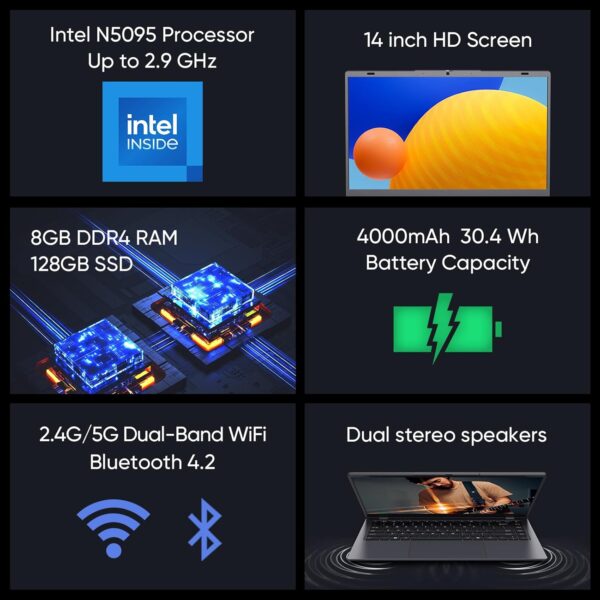 Laptop Computer, 8GB DDR4 RAM 128GB SSD, Intel Processor (Up to 2.9GHz), 14 Inch HD Display, Windows 11 Laptops Computers, 2.4G/5G WiFi and Bluetooth 4.2 - Image 2