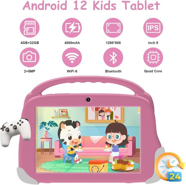 Kids Tablet, 8 inch Tablet, 4GB RAM 32GB ROM 512GB Expansion, Android 12 Kids BT, GMS, WiFi, Parental Control Mode, Beautiful Case Wear Resistant, Dual Camera, Education, Gaming. - Image 2