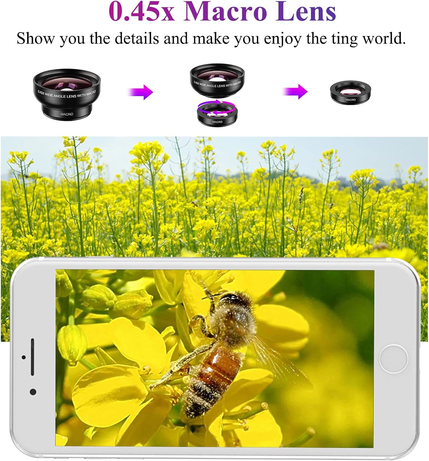 Apexel Phone Camera Lens, 2 in 1 Cell Phone Clip-on Lens Kit 0.45X Wide Angle Lens 140°+ 12.5X Macro Lens Clip-on iPhone Lens for iPhone Samsung and Most of Android Smartphone - Image 6