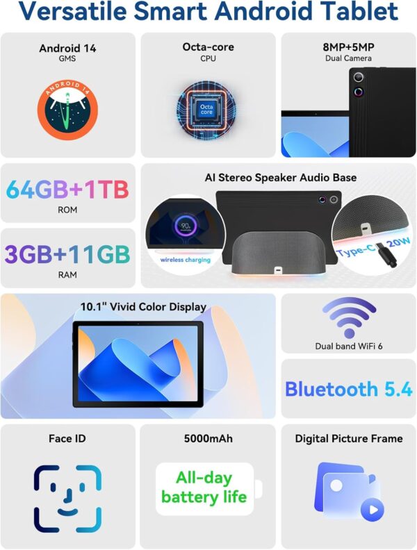 Tablet, Android 14 Tablet, 10.1 inch Tablets with Rechargeable Stereo Speaker Audio Dock, HD IPS Touch Screen, Otca-Core, 14GB RAM 64GB ROM 1TB Expansion, Wi-Fi 6, BT 5.3, Dual Camera, Google Tab 2025 - Image 3
