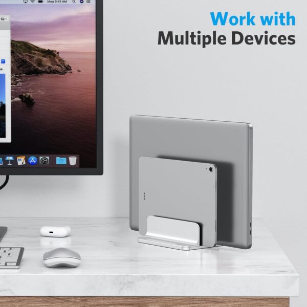 OMOTON [Updated Dock Version Vertical Laptop Stand, Double Desktop Stand Holder with Adjustable Dock (Up to 17.3 inch), Fits All MacBook/Surface/Samsung/HP/Dell/Chrome Book (Silver) - Image 8