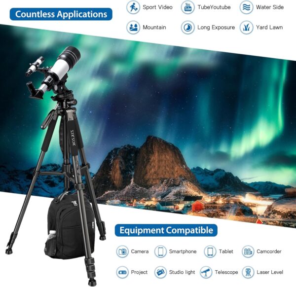 75" Camera Tripod, Tripod for iPhone ipad, Aluminum Professional Heavy Duty Camera Tripod Stand with Wireless Remote/Carry Bag Compatible with DSLR/SLR/DV/GoPro (Black) - Image 7