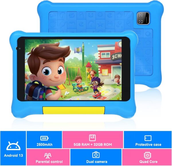 Kids Tablet 7 Inch, Android 13 Tablet for Kids Quad Core 5GB RAM 32GB ROM Quad Core, Dual Camera,WiFi, Parental Control Tablets with Kid-Proof Case for Girls and Boys (Blue) - Image 2