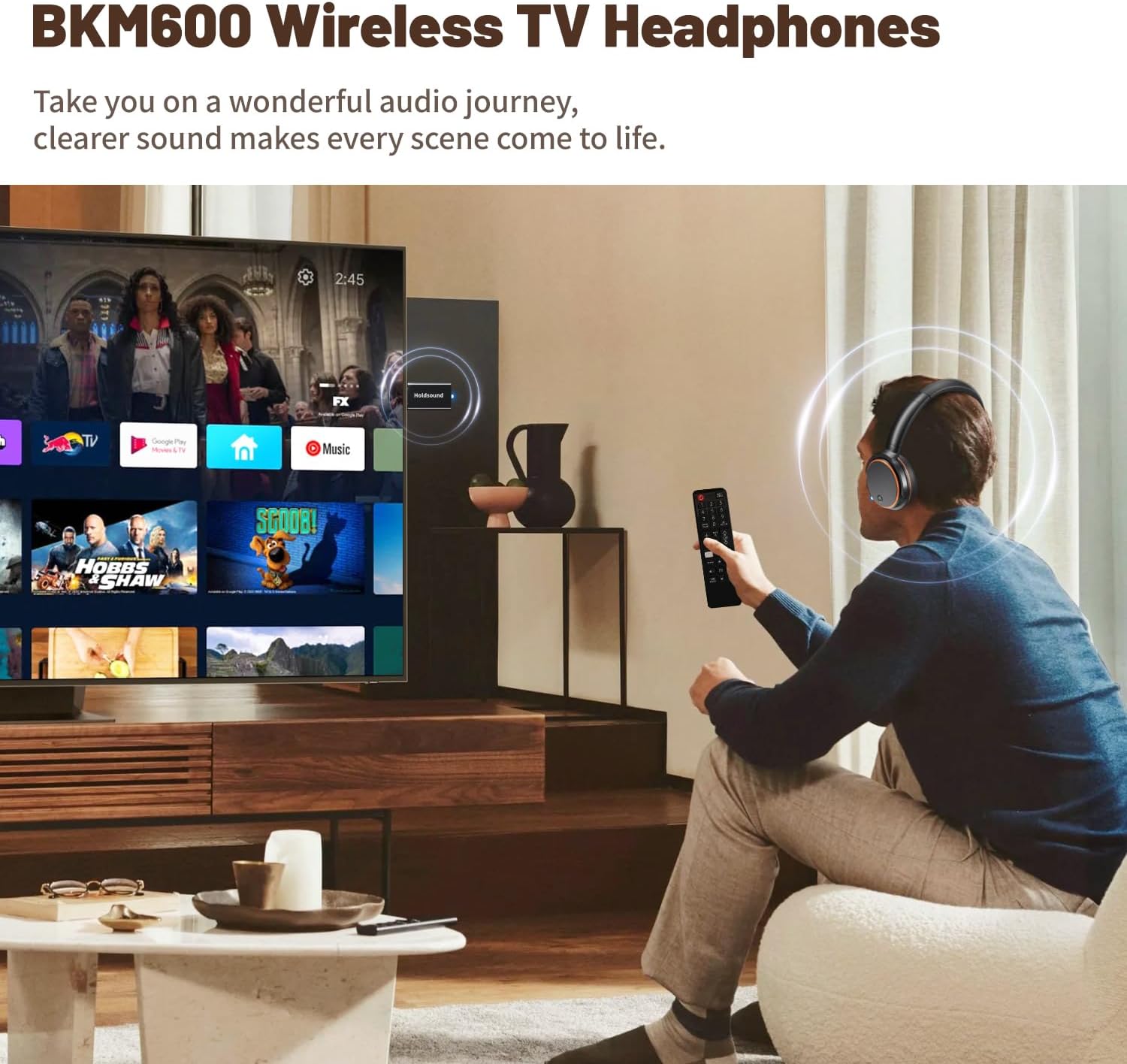 Wireless Headphones for TV Watching -BKM600 Wireless TV Headphones with Bluetooth USB Transmitter(Optical, AUX, RCA and USB Output), Plug and Play, Enhanced Volume, Gift for the Seniors/Parents,Orange - Image 2