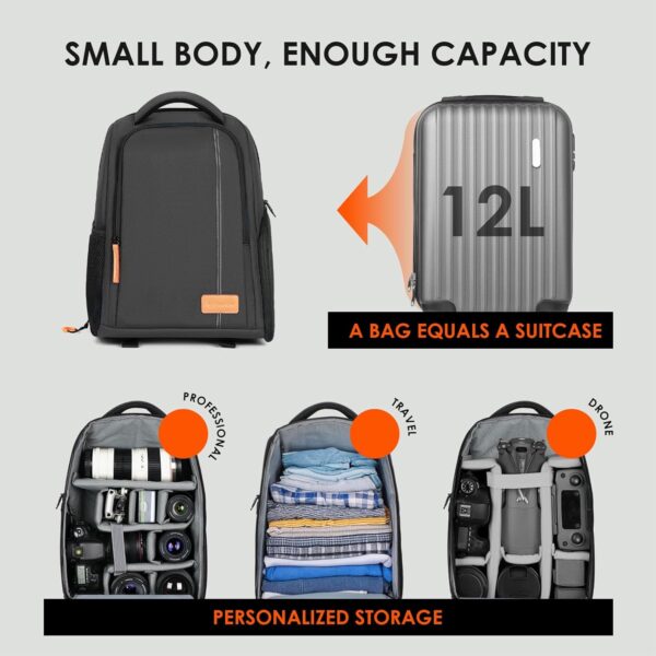 TARION Camera Backpack Waterproof Camera Bag Large Capacity Camera Case Photography Backpack with 15in Laptop Compartment Rain Cover for Men Women Photographer DSLR SLR Cameras Lens Tripod Black TB-02 - Image 3