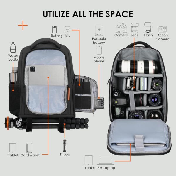 TARION Camera Backpack Waterproof Camera Bag Large Capacity Camera Case Photography Backpack with 15in Laptop Compartment Rain Cover for Men Women Photographer DSLR SLR Cameras Lens Tripod Black TB-02 - Image 2