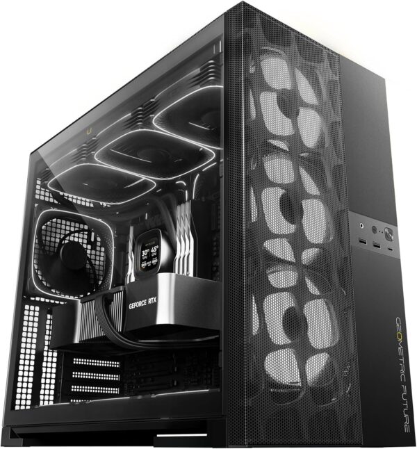 M5 Vent Mesh Panel Tempered Glass Mid Tower, E-ATX/ATX Gaming Case, High Airflow, 1.2mm Steel, Type C, Support 420/360 Radiator, ARGB PWM 140m fan x 5 Pre-Installed, Black, GEO-M5VF-B