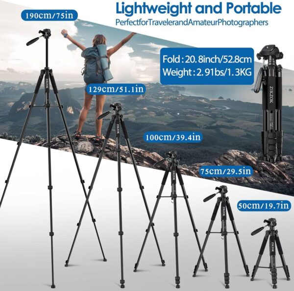 75" Camera Tripod, Tripod for iPhone ipad, Aluminum Professional Heavy Duty Camera Tripod Stand with Wireless Remote/Carry Bag Compatible with DSLR/SLR/DV/GoPro (Black) - Image 3