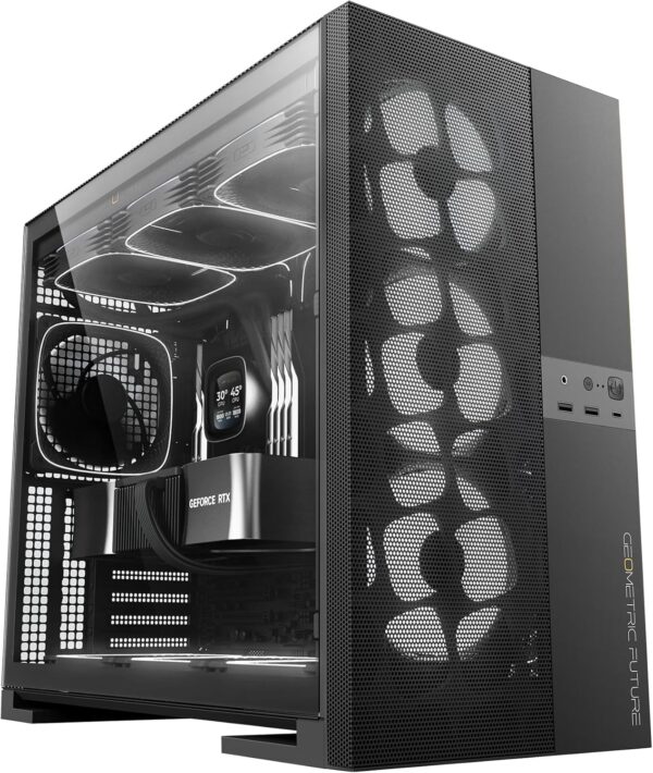 M5 Vent Mesh Panel Tempered Glass Mid Tower, E-ATX/ATX Gaming Case, High Airflow, 1.2mm Steel, Type C, Support 420/360 Radiator, ARGB PWM 140m fan x 5 Pre-Installed, Black, GEO-M5VF-B - Image 3