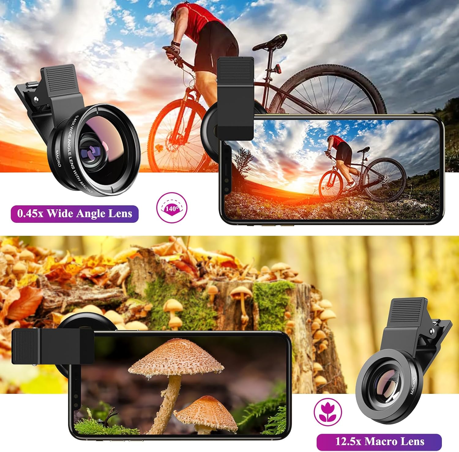 Apexel Phone Camera Lens, 2 in 1 Cell Phone Clip-on Lens Kit 0.45X Wide Angle Lens 140°+ 12.5X Macro Lens Clip-on iPhone Lens for iPhone Samsung and Most of Android Smartphone - Image 4