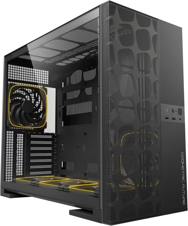 M5 Vent Mesh Panel Tempered Glass Mid Tower, E-ATX/ATX Gaming Case, High Airflow, 1.2mm Steel, Type C, Support 420/360 Radiator, ARGB PWM 140m fan x 5 Pre-Installed, Black, GEO-M5VF-B - Image 2