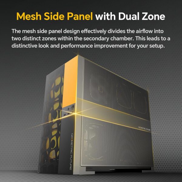 M5 Vent, Mesh Panel Tempered Glass Mid Tower, E-ATX/ATX Gaming Case, High Airflow, Type C, Support 420/360 Rad, ARGB PWM 140mm Fan x 5 Pre-Installed, Black/Yellow, GEO-M5VF-BY - Image 7