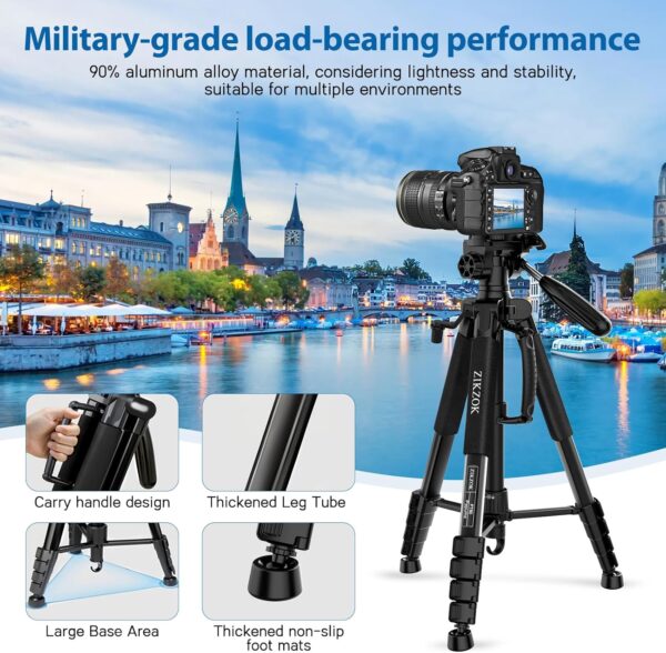 75" Camera Tripod, Tripod for iPhone ipad, Aluminum Professional Heavy Duty Camera Tripod Stand with Wireless Remote/Carry Bag Compatible with DSLR/SLR/DV/GoPro (Black) - Image 6
