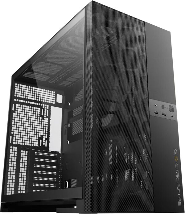 M5 Vent Mesh Panel Tempered Glass Mid Tower, E-ATX/ATX Gaming Case, High Airflow, 1.2mm Steel, Type C, Support 420/360 Radiator, ARGB PWM 140m fan x 5 Pre-Installed, Black, GEO-M5VF-B - Image 5
