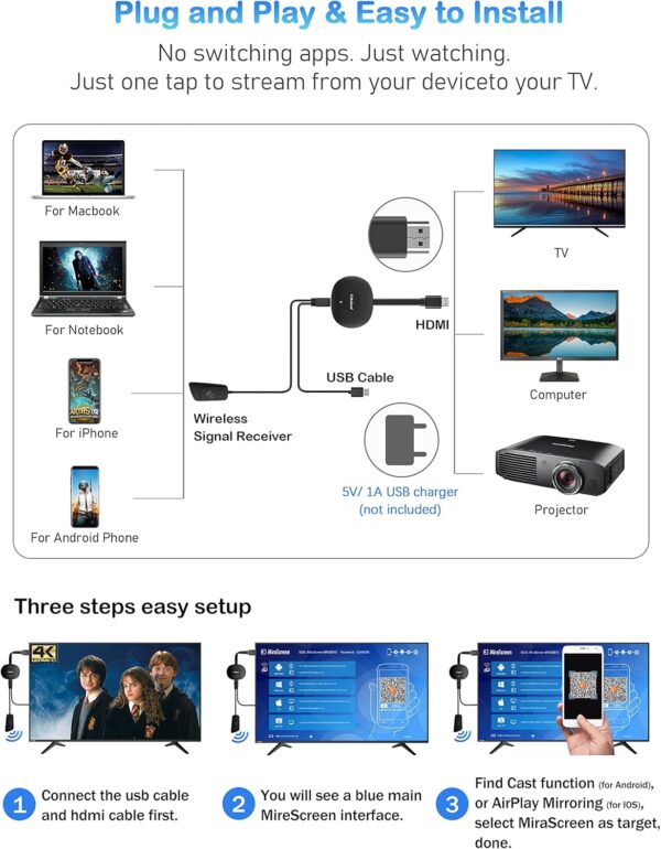 AT-Mizhi 4K/5G Wireless HDMI Display Dongle Adapter - Mirror Screen Display Adapter Stream Video/Audio from Phone/Pad/Mac/Android/Win Laptop to TV/Projector/Monitor, Support Miracast/Airplay/DLNA - Image 3