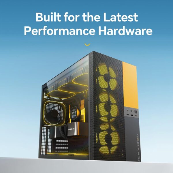 M5 Vent, Mesh Panel Tempered Glass Mid Tower, E-ATX/ATX Gaming Case, High Airflow, Type C, Support 420/360 Rad, ARGB PWM 140mm Fan x 5 Pre-Installed, Black/Yellow, GEO-M5VF-BY - Image 5