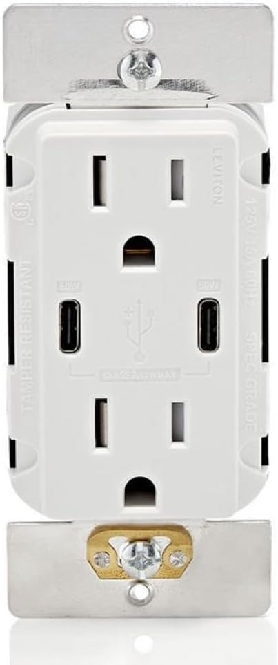 Leviton T5636-W 60W (6A) USB Dual Type-C/C Power Delivery in-Wall Charger with 15A Tamper-Resistant Outlet, USB Charger for Smartphones, Tablets, Laptops, White