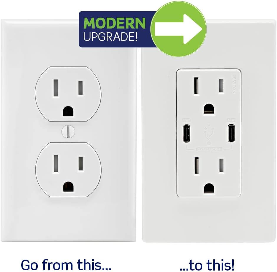 Leviton T5636-W 60W (6A) USB Dual Type-C/C Power Delivery in-Wall Charger with 15A Tamper-Resistant Outlet, USB Charger for Smartphones, Tablets, Laptops, White - Image 12