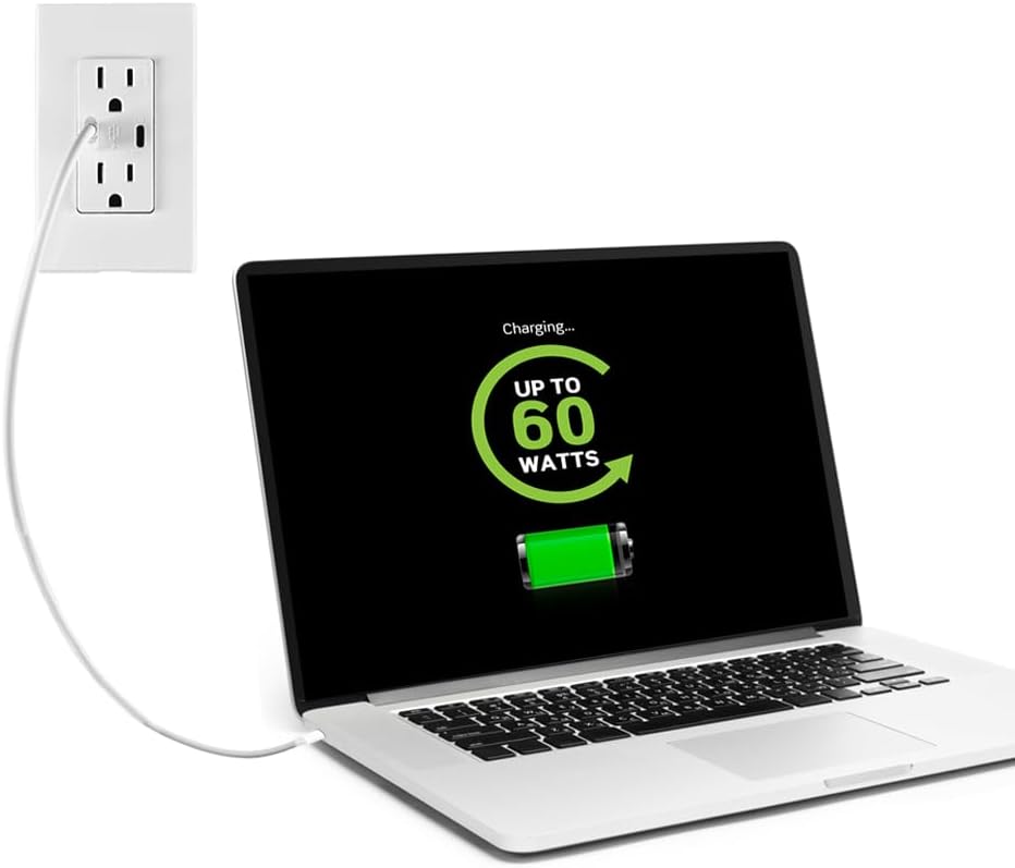 Leviton T5636-W 60W (6A) USB Dual Type-C/C Power Delivery in-Wall Charger with 15A Tamper-Resistant Outlet, USB Charger for Smartphones, Tablets, Laptops, White - Image 11