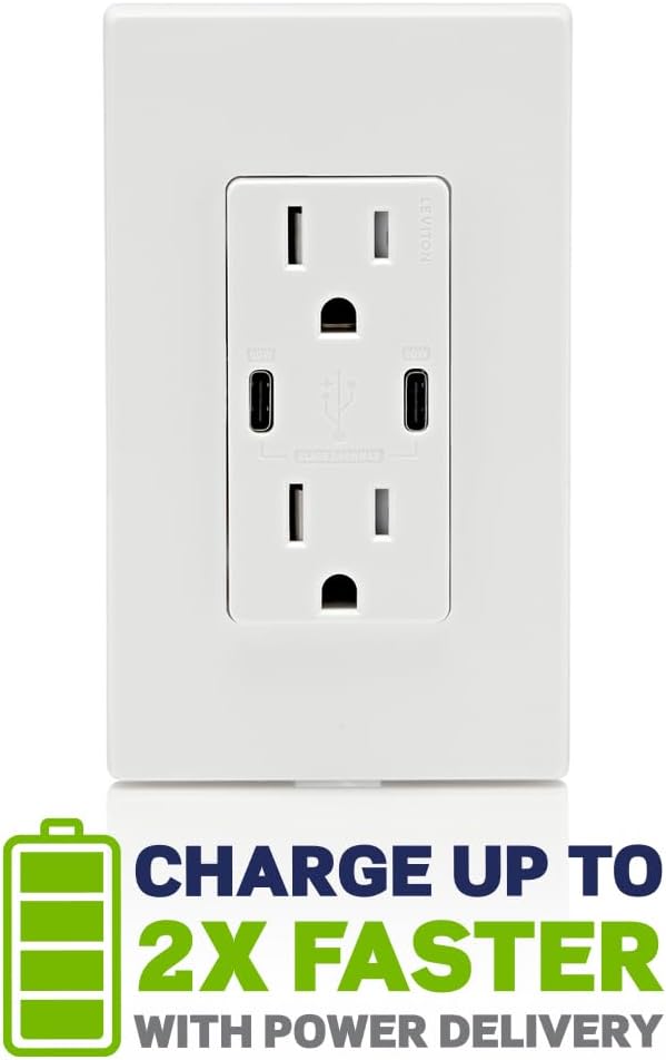 Leviton T5636-W 60W (6A) USB Dual Type-C/C Power Delivery in-Wall Charger with 15A Tamper-Resistant Outlet, USB Charger for Smartphones, Tablets, Laptops, White - Image 3