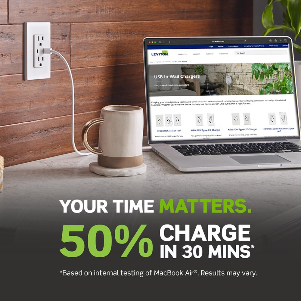 Leviton T5636-W 60W (6A) USB Dual Type-C/C Power Delivery in-Wall Charger with 15A Tamper-Resistant Outlet, USB Charger for Smartphones, Tablets, Laptops, White - Image 13