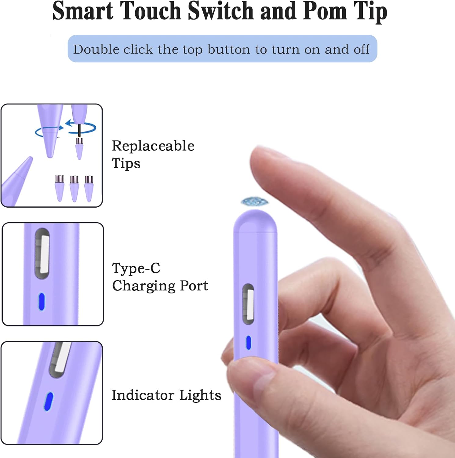 Stylus Pen for Android/iOS Tablet,Tablet Pencil with Pom Tip Rechargeable Active Stylus Pen for iPhone/Samsung/XiaoMi/Huawei/Vivo/Lenovo and Other Android Smartphones and Tablets-Purple - Image 4