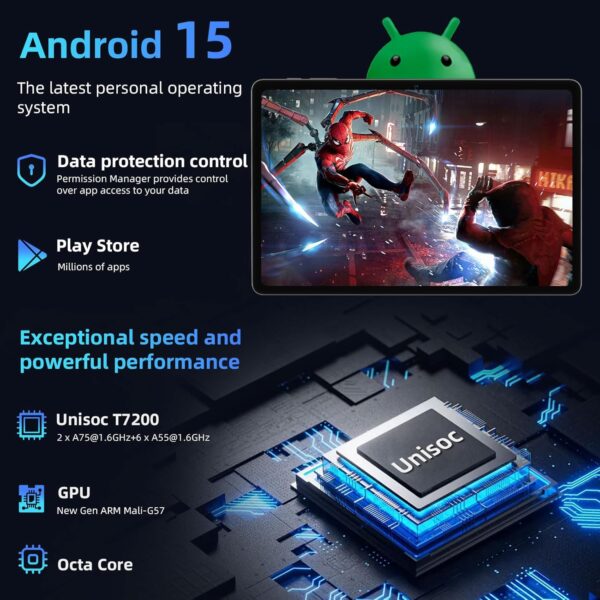 Tablet, Android 15 Tablet with 11 inch LCD Display, 12GB RAM + 128GB Storage 1TB Expand, T7200 Octa-Core Processors, 8000mAh, Widevine L1, GPS, Dual Camera, WiFi 5, BT5.0 (Black) - Image 2