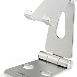 StarTech.com Phone and Tablet Stand - Foldable Universal Mobile Device Holder for Smartphones & Tablets Adjustable Multi-Angle Ergonomic Cell Phone Stand for Desk Portable, 4in to 13in (USPTLSTND)