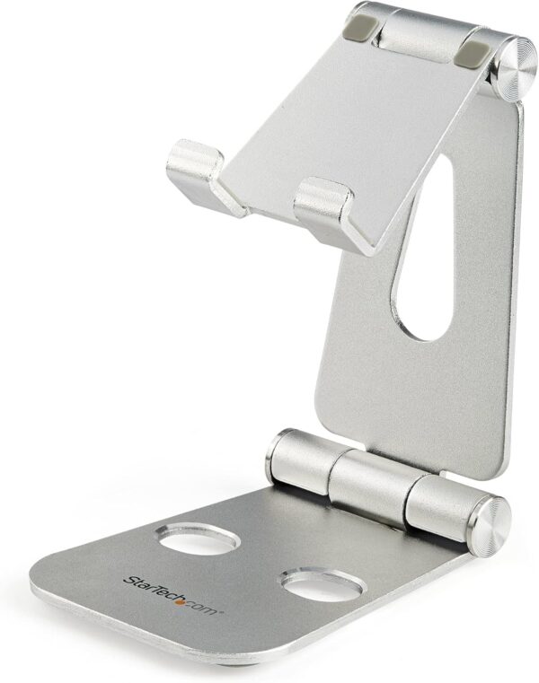 StarTech.com Phone and Tablet Stand - Foldable Universal Mobile Device Holder for Smartphones & Tablets Adjustable Multi-Angle Ergonomic Cell Phone Stand for Desk Portable, 4in to 13in (USPTLSTND)