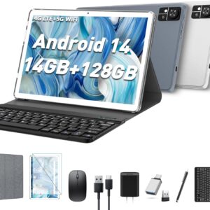 Android 14 Tablet 10 inch 2025 Latest Tablet with Keyboard,14GB RAM+128GB ROM+1TBExpand,Octa-Core,4G Cellular tablets with 2 Sim Slot,Incell screen,5G WiFi/BT5.0/GPS,13MP+8MP Camera7000mAh Battery