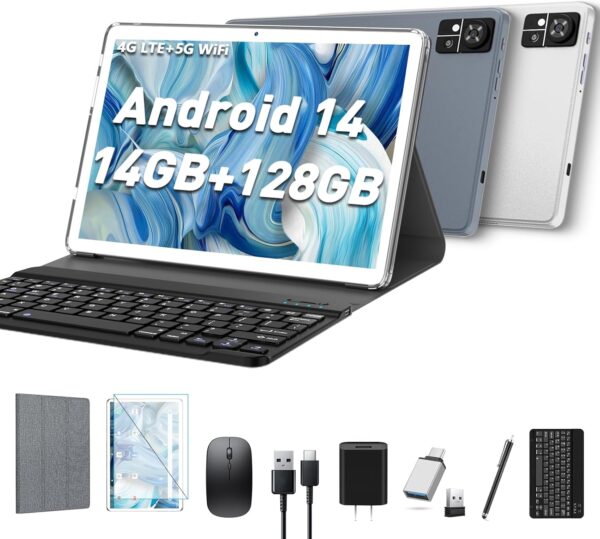 Android 14 Tablet 10 inch 2025 Latest Tablet with Keyboard,14GB RAM+128GB ROM+1TBExpand,Octa-Core,4G Cellular tablets with 2 Sim Slot,Incell screen,5G WiFi/BT5.0/GPS,13MP+8MP Camera7000mAh Battery